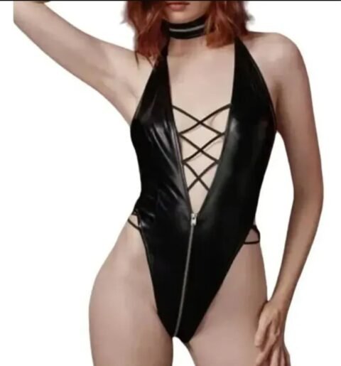 Body Sensual De Vinipiel Negro Con Cierre Frontal Y Escote Cruzado